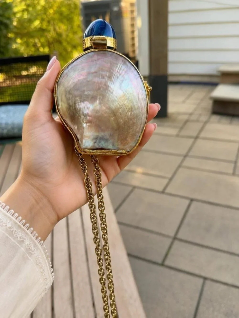 Natural Mother of Pearl Shell Mini Clutch Bag Blue Stone Gold Chain